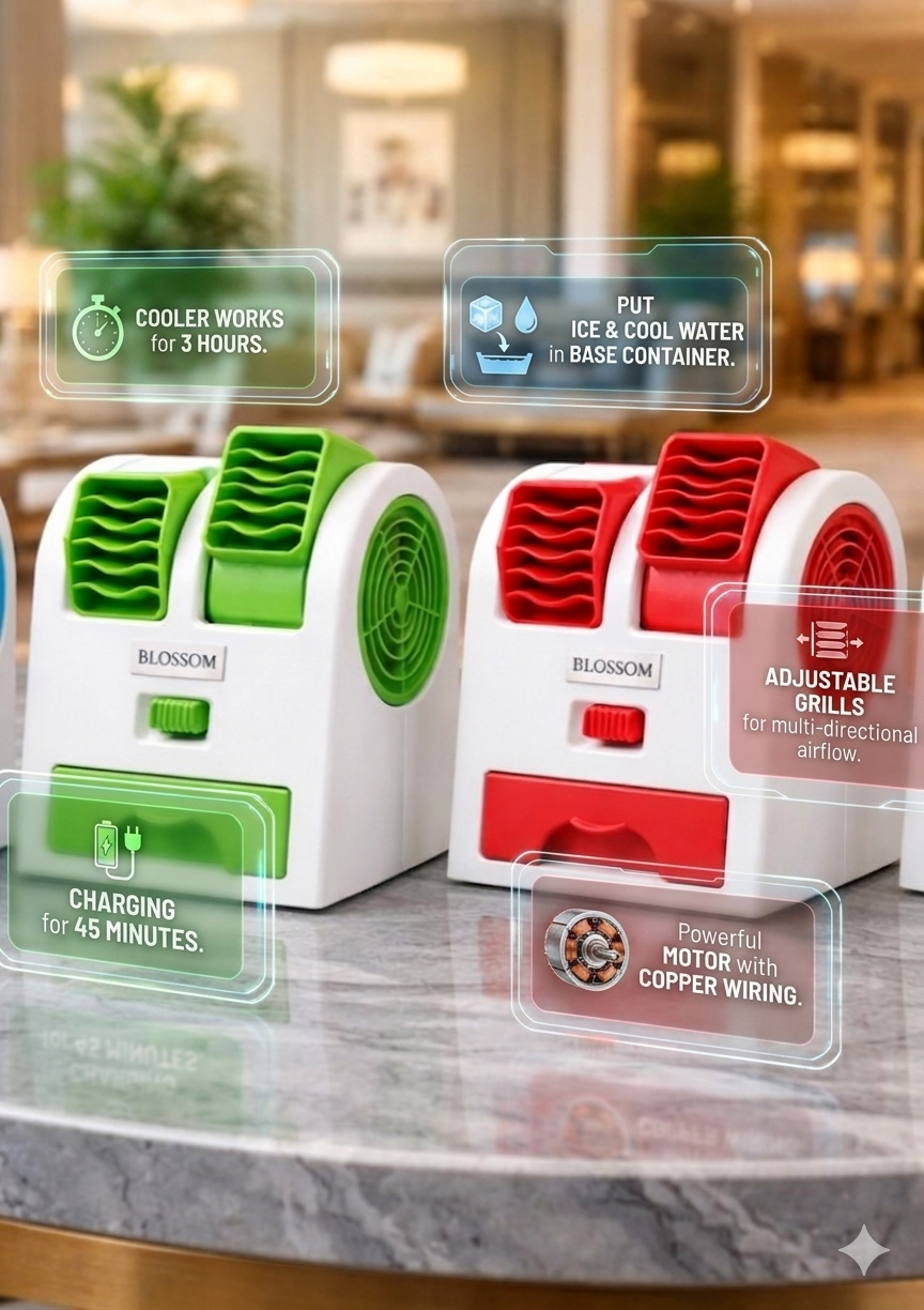BLOSSOM  COOLER : FAN. ::  BLOSSOM BRAND USB CHARGING FAN  CHARGE : 45 MINUTEs  FAN WORKS : 2.30 MINUTES ADJUSTABLE GRILL  Ice WATER TRAY ON BASE CHARGING CABLE IN BOX. WARRANTY CARD INSIDE FOR 3 MONTHS BATTERY +MOTOR .