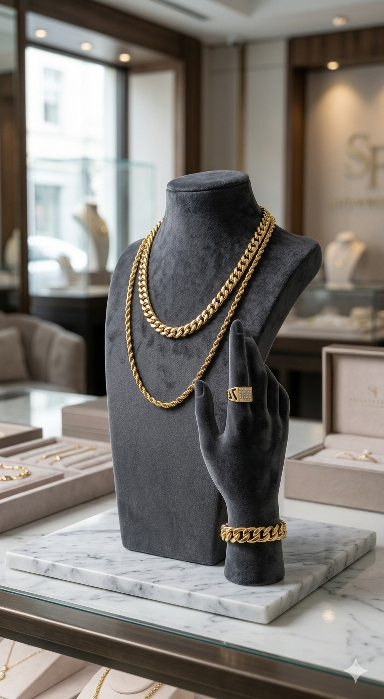 SONAR GOLD : 5 ITEMS JEWELLERY SET FOR MEN . :  2 GOLDEN CHAINS ,  1 GOLDEN BRACELET ,  1 DIAMOND RING , 1 GOLDEN L.E.D DIGITAL WATCH . RS 470/- .   WATSAPP :  9289578300