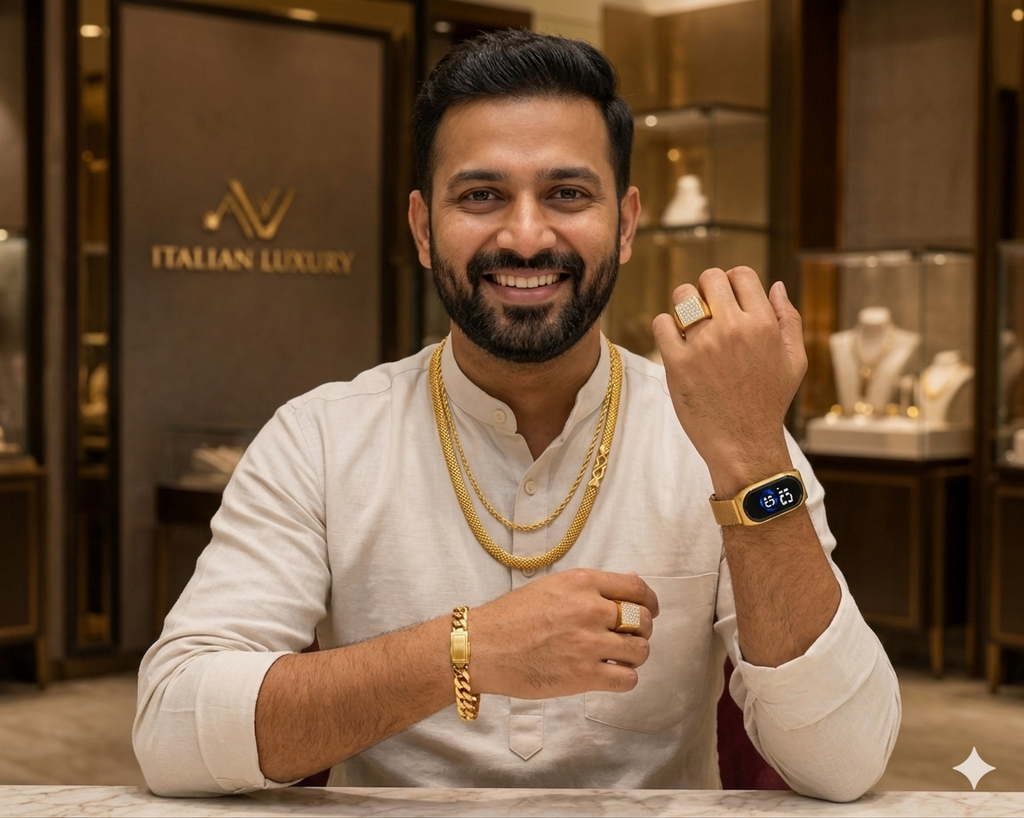 SONAR GOLD : 5 ITEMS JEWELLERY SET FOR MEN . :  2 GOLDEN CHAINS ,  1 GOLDEN BRACELET ,  1 DIAMOND RING , 1 GOLDEN L.E.D DIGITAL WATCH . RS 470/- .   WATSAPP :  9289578300