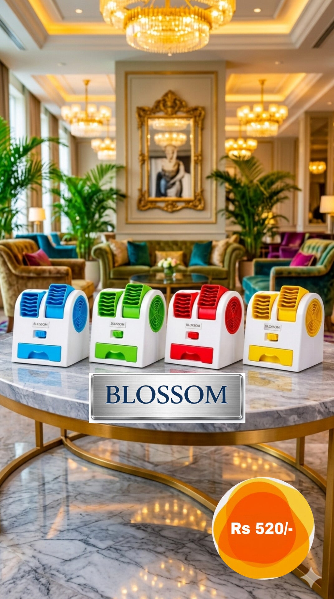 BLOSSOM  COOLER : FAN. ::  BLOSSOM BRAND USB CHARGING FAN  CHARGE : 45 MINUTEs  FAN WORKS : 2.30 MINUTES ADJUSTABLE GRILL  Ice WATER TRAY ON BASE CHARGING CABLE IN BOX. WARRANTY CARD INSIDE FOR 3 MONTHS BATTERY +MOTOR .