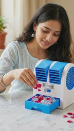 BLOSSOM  COOLER : FAN. ::  BLOSSOM BRAND USB CHARGING FAN  CHARGE : 45 MINUTEs  FAN WORKS : 2.30 MINUTES ADJUSTABLE GRILL  Ice WATER TRAY ON BASE CHARGING CABLE IN BOX. WARRANTY CARD INSIDE FOR 3 MONTHS BATTERY +MOTOR .