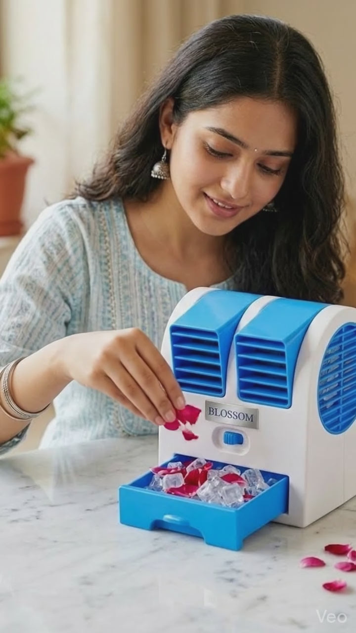 BLOSSOM  COOLER : FAN. ::  BLOSSOM BRAND USB CHARGING FAN  CHARGE : 45 MINUTEs  FAN WORKS : 2.30 MINUTES ADJUSTABLE GRILL  Ice WATER TRAY ON BASE CHARGING CABLE IN BOX. WARRANTY CARD INSIDE FOR 3 MONTHS BATTERY +MOTOR .