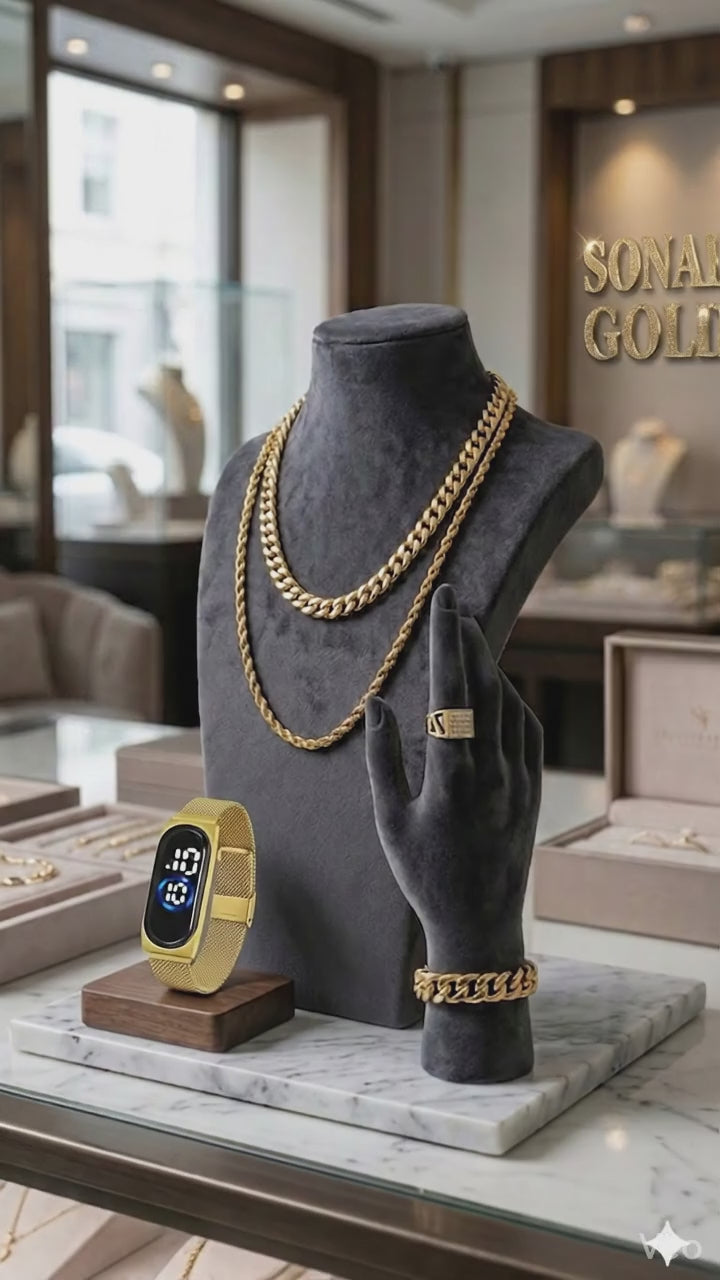 SONAR GOLD : 5 ITEMS JEWELLERY SET FOR MEN . :  2 GOLDEN CHAINS ,  1 GOLDEN BRACELET ,  1 DIAMOND RING , 1 GOLDEN L.E.D DIGITAL WATCH . RS 470/- .   WATSAPP :  9289578300